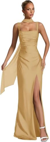 UZN Long Satin Bridesmaid Dresses with Scarf 2025 Slit Mermaid Ruched Formal Evening Party Dress in Saudi Arabia