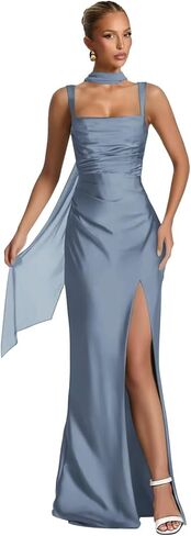 UZN Long Satin Bridesmaid Dresses with Scarf 2025 Slit Mermaid Ruched Formal Evening Party Dress in Saudi Arabia