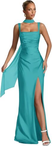 UZN Long Satin Bridesmaid Dresses with Scarf 2025 Slit Mermaid Ruched Formal Evening Party Dress in Saudi Arabia