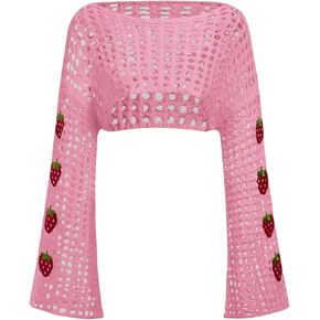 SHENHE Women's Crochet Hollow Out Y2k Long Sleeve Cropped Knit Sweater Top in Kuwait