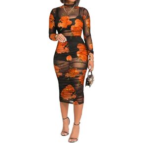 Women 3 Piece Outfits Set Sexy Mesh Sheer Ruched Dress Floral Print Long Sleeve Strap Top Skirt Club Party Midi Dress in Saudi Arabia
