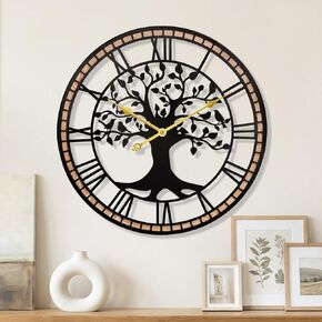 Large Wall Clock,14“ Tree of Life Metal & Wood Wall Clock with Bird Design,Decorative Non-Ticking Wall Clock for Living Room,Farmhouse Home Decor in Saudi Arabia