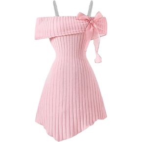 Floerns Girl's Bow Front Off The Shoulder Knit Dress Short Sleeve Birthday Hanky Hem A Line Dresses in Kuwait