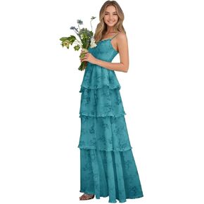 فساتين وصيفات العروس ذات الأزهار من Sevintage للنساء بأشرطة سباغيتي طويلة وطبقات من فساتين الحفلات الرسمية in Kuwait