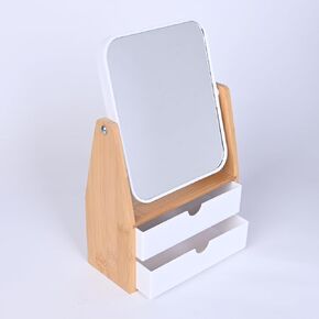 1x / 5X Magnifying Makeup Mirror, Jewelry and Cosmetics Storage Box with Double Drawers, Adjustable Natural Bamboo Stand, 360° rotatable Vertical Desktop Mirror (1, Rectangle) in Saudi Arabia