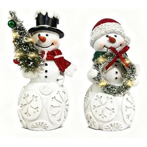 مجموعة زينة عيد الميلاد لرجل الثلج مكونة من قطعتين مع أضواء LED، تماثيل رجل ثلج تضيء من الراتنج مع شجرة وإكليل، ديكور سطح الطاولة للعطلات يعمل بالبطارية لمنزل عيد الميلاد، رف، رف، هدية in Kuwait