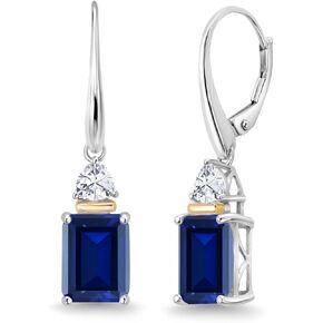 أقراط متدلية من Gem Stone King 5.86 قيراط من الياقوت الأزرق والمويسانتي الأبيض للنساء | فضة إسترلينية عيار 925 وذهب أصفر عيار 10 قيراط | قطع الزمرد 9X7MM | تريليون 4 ملم in Saudi Arabia