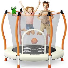 Happin® 55" Toddler Trampoline Indoor & Outdoor Playset, 5FT Kids Trampoline, Ultra Safe Mini Trampoline for Kids with Safety Enclosure Net, Gifts for Birthday with Basketball Hoop in Kuwait