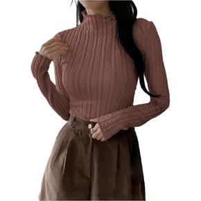 Women's Cable Knit Mock Neck Tops Ruffle Trim Long Sleeve T Shirts Fall Clothes in Saudi Arabia