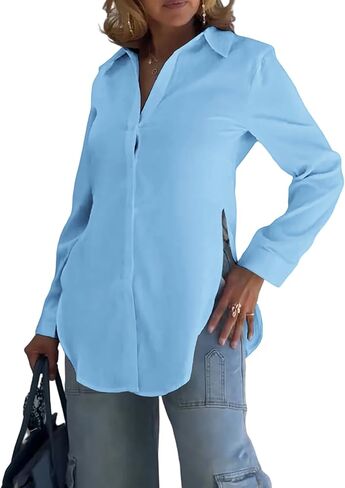 CHICME Women’s Cotton Button Down Shirt Collared V Neck Long Sleeve Slit Side Long Blouse Top with Curved Hem in Saudi Arabia