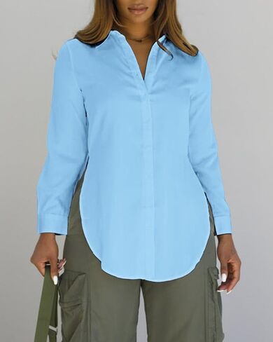CHICME Women’s Cotton Button Down Shirt Collared V Neck Long Sleeve Slit Side Long Blouse Top with Curved Hem in Saudi Arabia