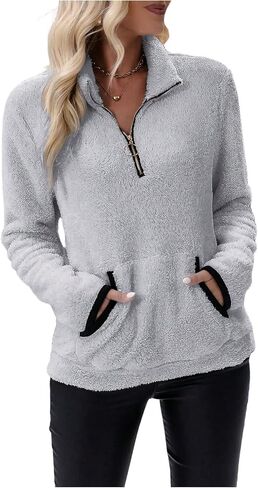 Verdusa Women's Quarter Zip Fuzzy Fleece Sweatshirts Winter Clothes Comfy Sherpa Pullover Tops with Pockets in Saudi Arabia