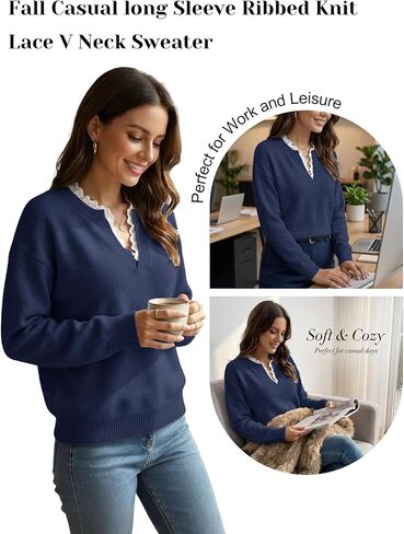 V Neck Sweaters for Women, Long Sleeve Lace Trim Knit Sweater Fall Casual Lightweight Pullover Top in Saudi Arabia