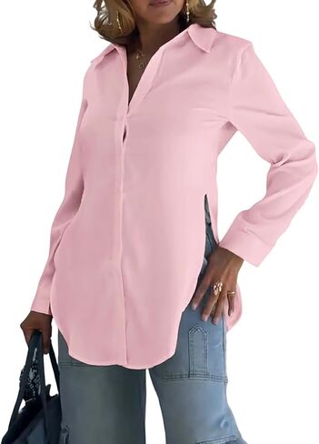 CHICME Women’s Cotton Button Down Shirt Collared V Neck Long Sleeve Slit Side Long Blouse Top with Curved Hem in Saudi Arabia