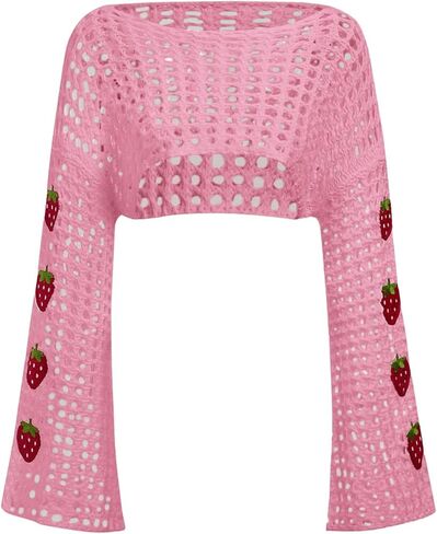 SHENHE Women's Crochet Hollow Out Y2k Long Sleeve Cropped Knit Sweater Top in Kuwait