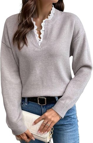 V Neck Sweaters for Women, Long Sleeve Lace Trim Knit Sweater Fall Casual Lightweight Pullover Top in Saudi Arabia