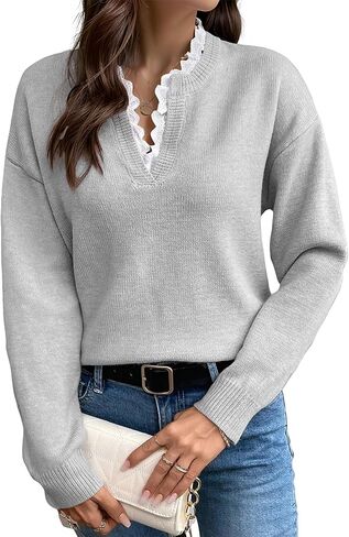 V Neck Sweaters for Women, Long Sleeve Lace Trim Knit Sweater Fall Casual Lightweight Pullover Top in Saudi Arabia