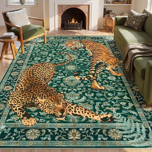 Joydeco Tiger Print قابل للغسل 8 × 10 سجاد لغرفة المعيشة، سجاد منطقة الفهد الأخضر بوهو لغرفة النوم الجمالية، سجادة أرضية كبيرة غير قابلة للانزلاق لغرفة الطعام والمكتب وغرفة اللعب والنوم in Kuwait