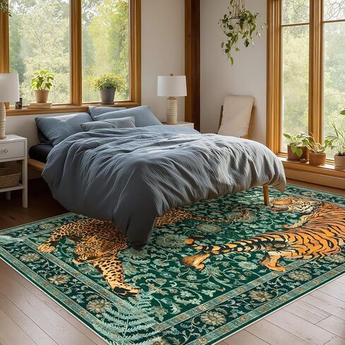 Joydeco Tiger Print قابل للغسل 8 × 10 سجاد لغرفة المعيشة، سجاد منطقة الفهد الأخضر بوهو لغرفة النوم الجمالية، سجادة أرضية كبيرة غير قابلة للانزلاق لغرفة الطعام والمكتب وغرفة اللعب والنوم in Kuwait