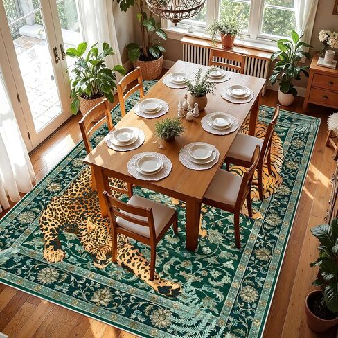 Joydeco Tiger Print قابل للغسل 8 × 10 سجاد لغرفة المعيشة، سجاد منطقة الفهد الأخضر بوهو لغرفة النوم الجمالية، سجادة أرضية كبيرة غير قابلة للانزلاق لغرفة الطعام والمكتب وغرفة اللعب والنوم in Kuwait