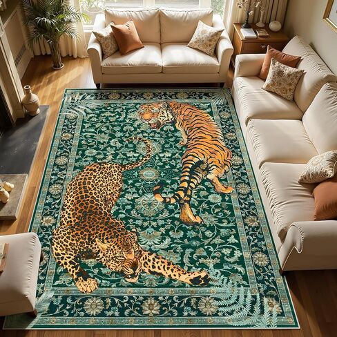 Joydeco Tiger Print قابل للغسل 8 × 10 سجاد لغرفة المعيشة، سجاد منطقة الفهد الأخضر بوهو لغرفة النوم الجمالية، سجادة أرضية كبيرة غير قابلة للانزلاق لغرفة الطعام والمكتب وغرفة اللعب والنوم in Kuwait