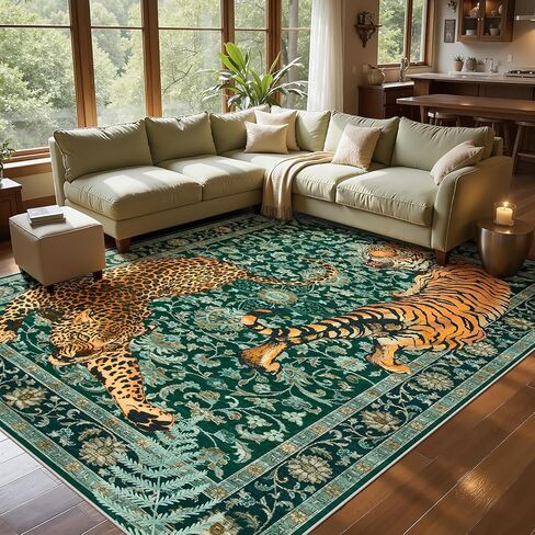 Joydeco Tiger Print قابل للغسل 8 × 10 سجاد لغرفة المعيشة، سجاد منطقة الفهد الأخضر بوهو لغرفة النوم الجمالية، سجادة أرضية كبيرة غير قابلة للانزلاق لغرفة الطعام والمكتب وغرفة اللعب والنوم in Kuwait
