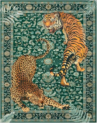 Joydeco Tiger Print قابل للغسل 8 × 10 سجاد لغرفة المعيشة، سجاد منطقة الفهد الأخضر بوهو لغرفة النوم الجمالية، سجادة أرضية كبيرة غير قابلة للانزلاق لغرفة الطعام والمكتب وغرفة اللعب والنوم in Kuwait
