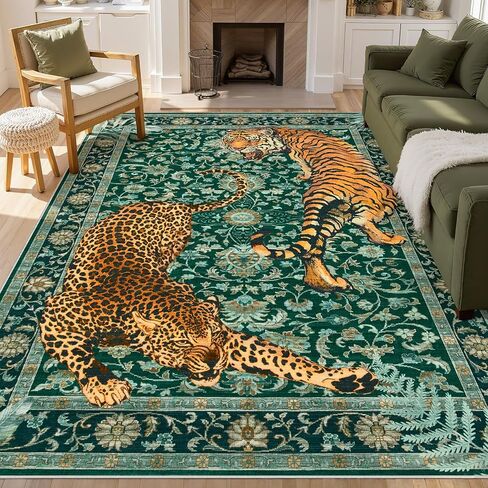 Joydeco Tiger Print قابل للغسل 8 × 10 سجاد لغرفة المعيشة، سجاد منطقة الفهد الأخضر بوهو لغرفة النوم الجمالية، سجادة أرضية كبيرة غير قابلة للانزلاق لغرفة الطعام والمكتب وغرفة اللعب والنوم in Kuwait