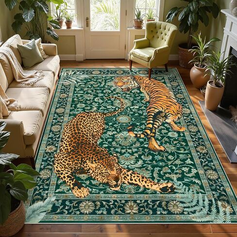 Joydeco Tiger Print قابل للغسل 8 × 10 سجاد لغرفة المعيشة، سجاد منطقة الفهد الأخضر بوهو لغرفة النوم الجمالية، سجادة أرضية كبيرة غير قابلة للانزلاق لغرفة الطعام والمكتب وغرفة اللعب والنوم in Kuwait