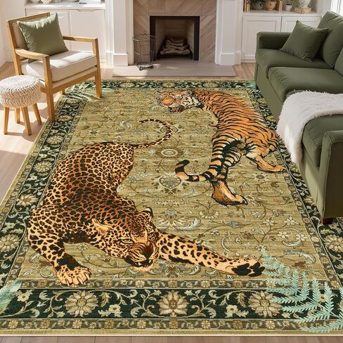 Joydeco Tiger Print قابل للغسل 8 × 10 سجاد لغرفة المعيشة، سجاد منطقة الفهد الأخضر بوهو لغرفة النوم الجمالية، سجادة أرضية كبيرة غير قابلة للانزلاق لغرفة الطعام والمكتب وغرفة اللعب والنوم in Kuwait