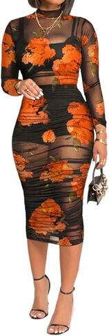 Women 3 Piece Outfits Set Sexy Mesh Sheer Ruched Dress Floral Print Long Sleeve Strap Top Skirt Club Party Midi Dress in Saudi Arabia