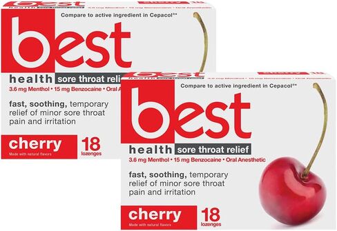 GeriCare Best Health Sore Throat Relief Lozenges, Benzocaine 15 mg & Menthol 3.6 mg, Oral Numbing and Cooling Formula for Sore Throat, Cough & Pain Relief, 18 Count (Pack of 1) in Saudi Arabia