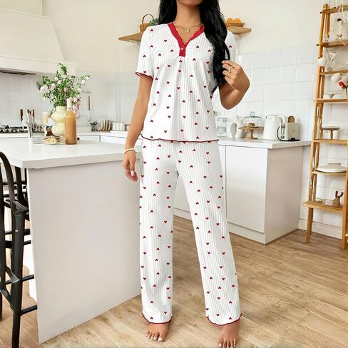 Women's Pajama Sets Lounge Sets Ribbed Short Sleeve Tops and Long Pants V Neck Sleepwear Soft Pjs 2 Piece in Saudi Arabia