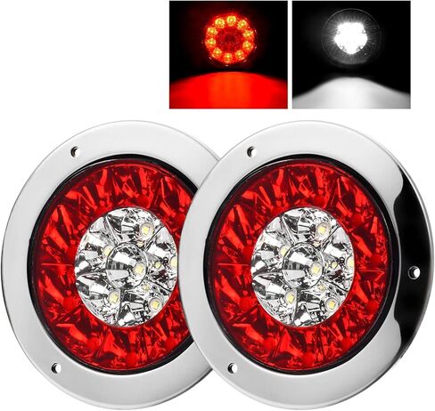 LIGBT 2PCS 4" Round LED Trailer Tail Lights 4Inch 16LED Red White with Rubber Grommet IP67 Waterproof Red Stop Brake Running Light White Reverse Backup Lights for Trucks Trailer RV in Kuwait