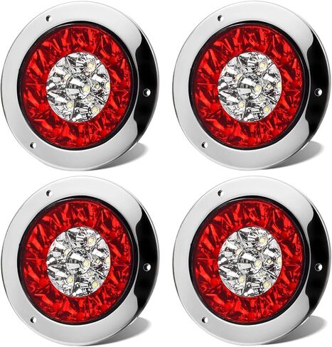 LIGBT 2PCS 4" Round LED Trailer Tail Lights 4Inch 16LED Red White with Rubber Grommet IP67 Waterproof Red Stop Brake Running Light White Reverse Backup Lights for Trucks Trailer RV in Kuwait