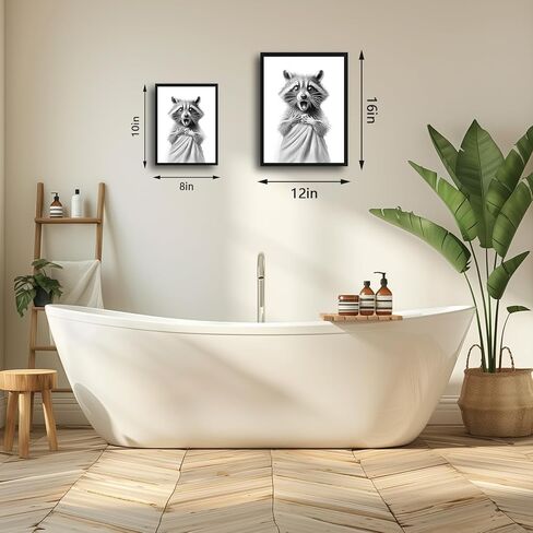 Framed Black and White Bathroom Wall Art, Cute Raccoon in a Bathrobe Canvas Prints, Funny Animal Wall Decor, Humor Picture Painting Bathroom Artwork Ready to Hang – 8x10in in Saudi Arabia