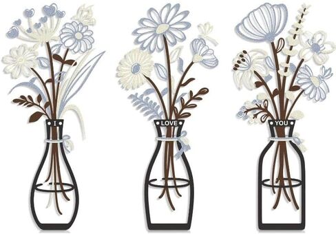 3 Pieces Metal Flowers Wall Arts I Love You Floral Bouquet Set with Vases, Rustic Farmhouse Boho Wall Decor for Living Room, Bedroom, Bathroom, Kitchen, Housewarming Gift (Black) in Saudi Arabia