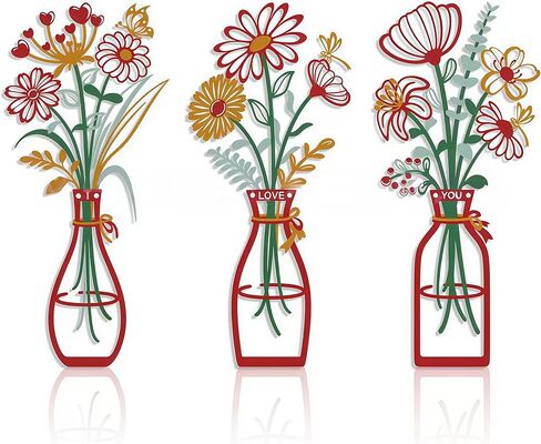 3 Pieces Metal Flowers Wall Arts I Love You Floral Bouquet Set with Vases, Rustic Farmhouse Boho Wall Decor for Living Room, Bedroom, Bathroom, Kitchen, Housewarming Gift (Black) in Saudi Arabia