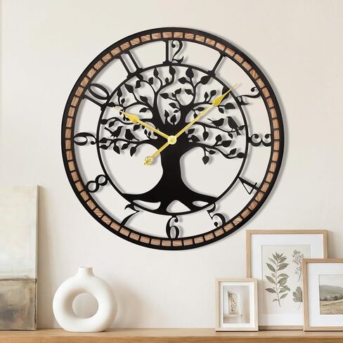Large Wall Clock,14“ Tree of Life Metal & Wood Wall Clock with Bird Design,Decorative Non-Ticking Wall Clock for Living Room,Farmhouse Home Decor in Saudi Arabia