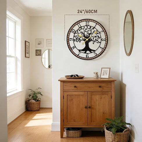 Large Wall Clock,14“ Tree of Life Metal & Wood Wall Clock with Bird Design,Decorative Non-Ticking Wall Clock for Living Room,Farmhouse Home Decor in Saudi Arabia