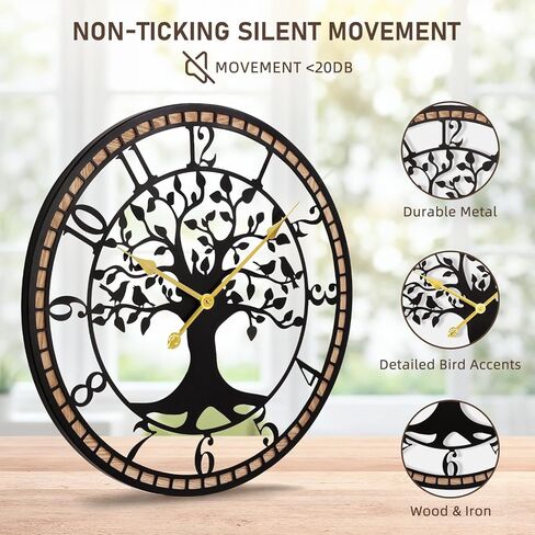 Large Wall Clock,14“ Tree of Life Metal & Wood Wall Clock with Bird Design,Decorative Non-Ticking Wall Clock for Living Room,Farmhouse Home Decor in Saudi Arabia