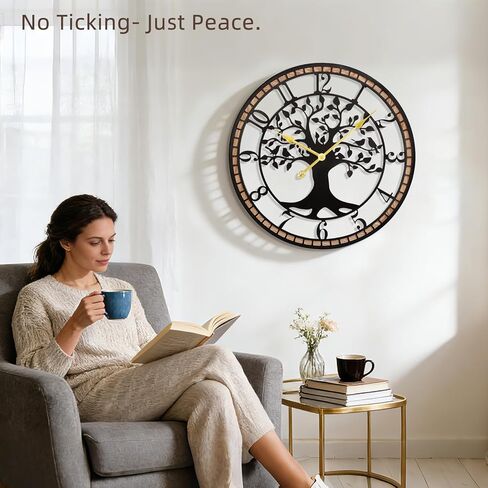 Large Wall Clock,14“ Tree of Life Metal & Wood Wall Clock with Bird Design,Decorative Non-Ticking Wall Clock for Living Room,Farmhouse Home Decor in Saudi Arabia