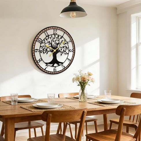 Large Wall Clock,14“ Tree of Life Metal & Wood Wall Clock with Bird Design,Decorative Non-Ticking Wall Clock for Living Room,Farmhouse Home Decor in Saudi Arabia