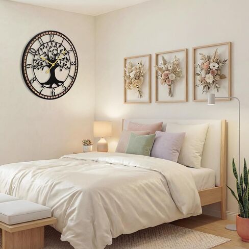 Large Wall Clock,14“ Tree of Life Metal & Wood Wall Clock with Bird Design,Decorative Non-Ticking Wall Clock for Living Room,Farmhouse Home Decor in Saudi Arabia