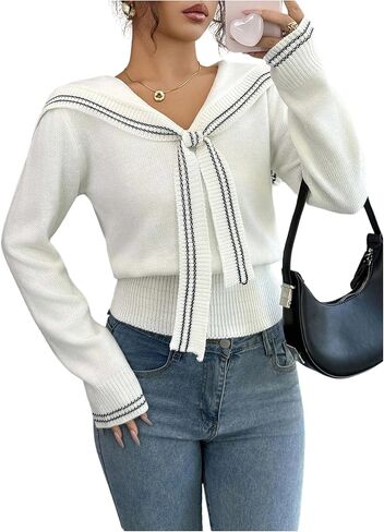 MakeMeChic Women's Winter Y2K Sailor Collar Striped Sweater Long Sleeve Knitted Pullover Top in Saudi Arabia