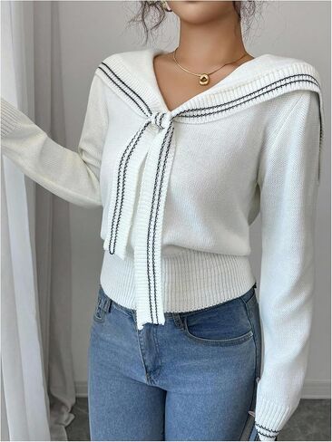 MakeMeChic Women's Winter Y2K Sailor Collar Striped Sweater Long Sleeve Knitted Pullover Top in Saudi Arabia