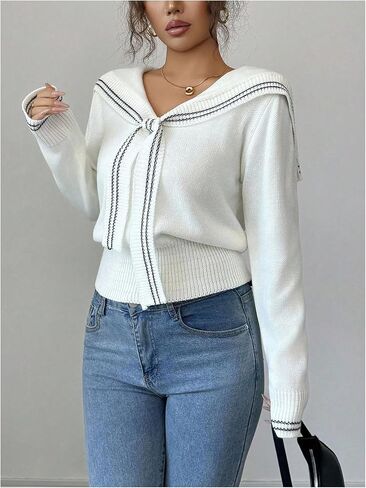 MakeMeChic Women's Winter Y2K Sailor Collar Striped Sweater Long Sleeve Knitted Pullover Top in Saudi Arabia