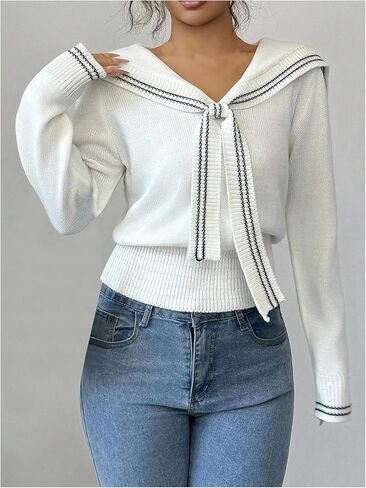 MakeMeChic Women's Winter Y2K Sailor Collar Striped Sweater Long Sleeve Knitted Pullover Top in Saudi Arabia