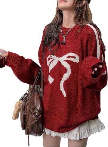 SweatyRocks Women's Bow Sweater Oversized Long Sleeve Crewneck Pullover Sweaters Fall Winter Outfits in Saudi Arabia