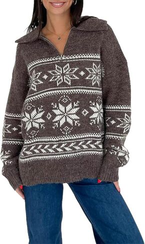 Women Christmas Pullover Sweater Long Sleeve 1/4 Zip Turn-Down Collar Snowflake Knitted Sweater Top in Saudi Arabia